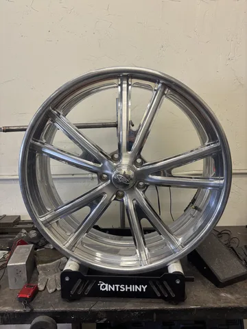 The repaired billet Intro wheel mounted and spinning true after straightening